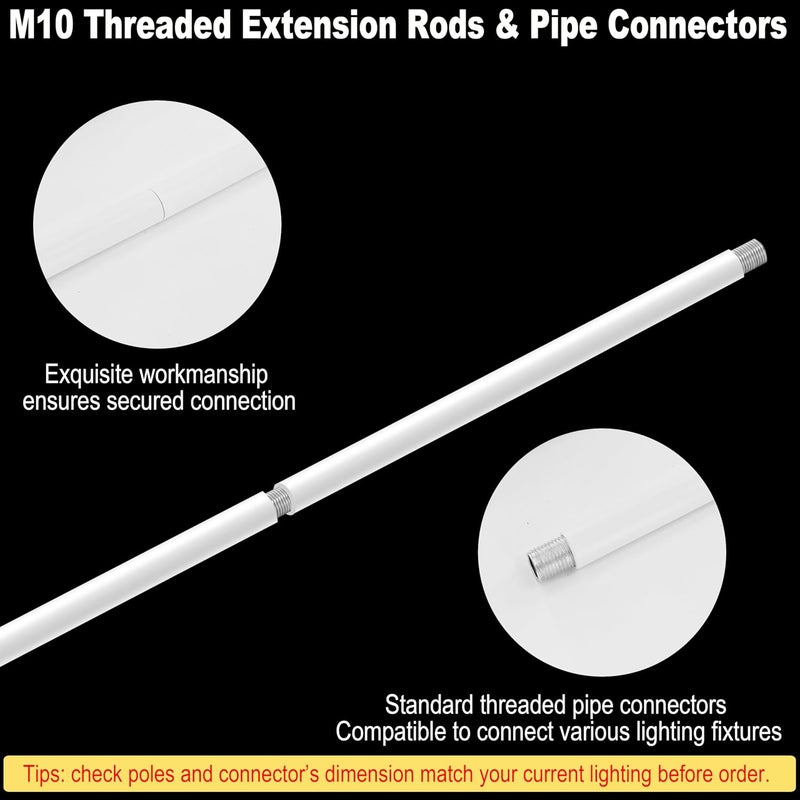 MAYOMAJO 8 Pieces M10 Threaded Extension Poles Lighting Fixture Downrods Stems & 180 Degrees Sloped Ceiling Adapter Kits for Pendant Light, Island Lighting, Chandeliers (White) - Image 3